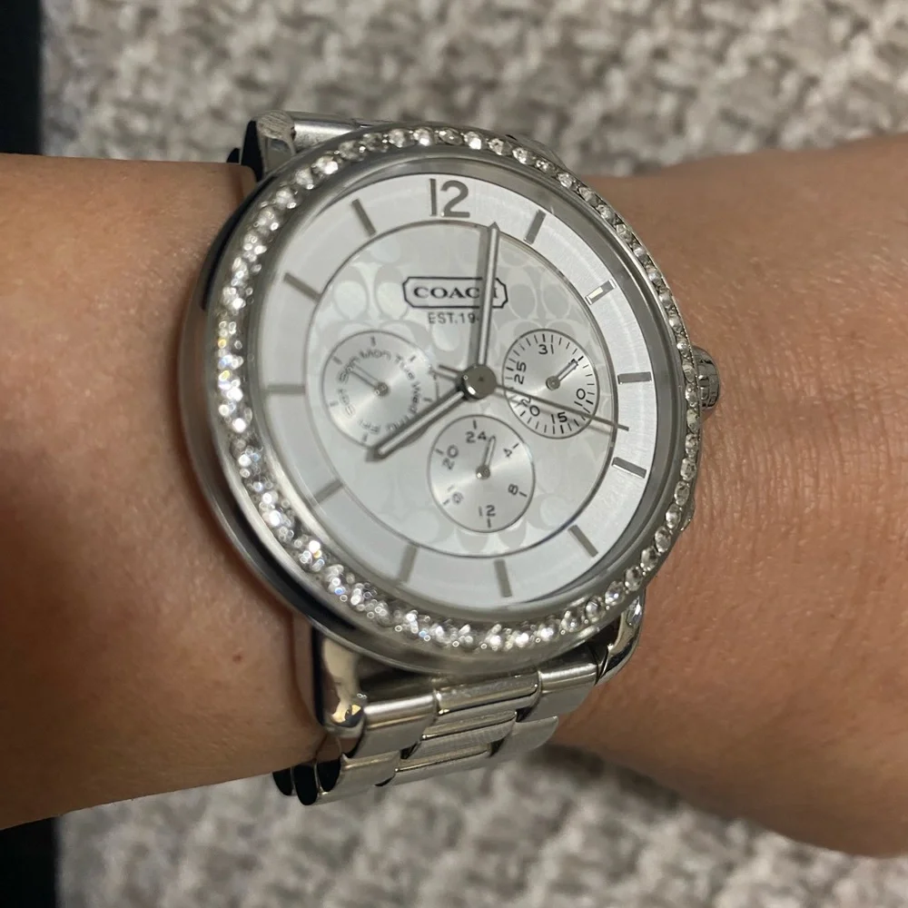Coach Silver Stainless Steel Crystal Bezel Women's Watch New Battery